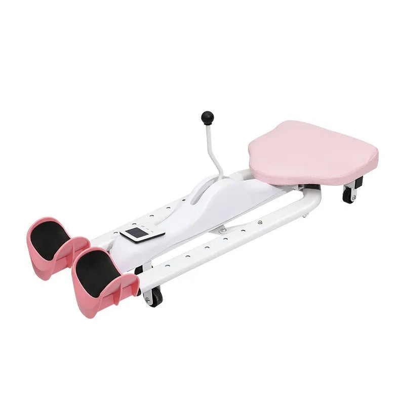 Leg opener stretching equipment with steel frame and foam padding in pink colour