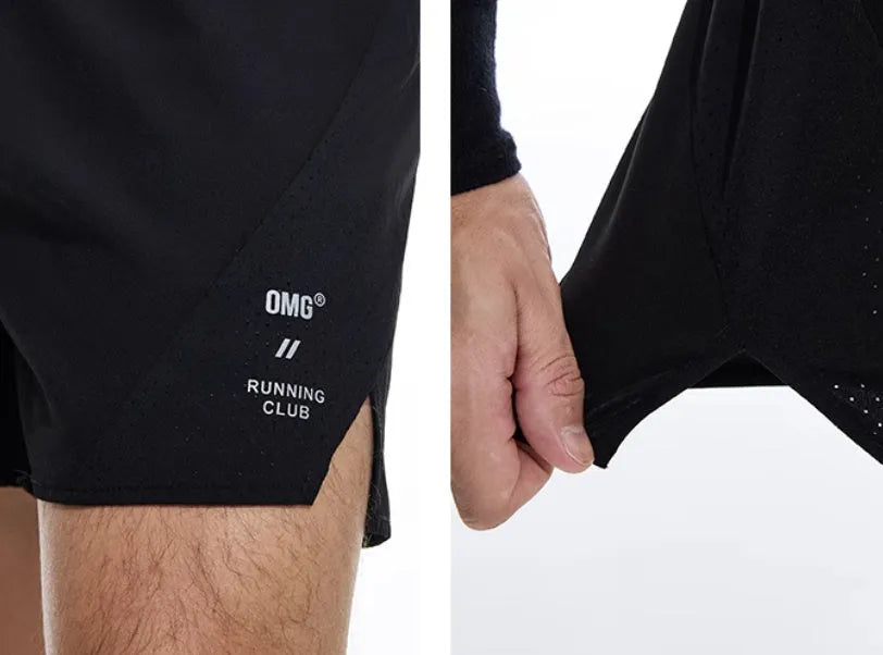 Men's black running shorts with laser-punched stitching detail on the legs.