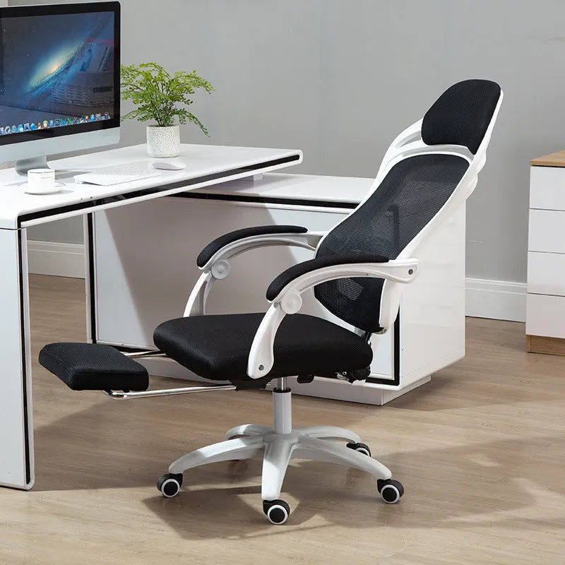 Rotating office chair with high resilience sponge seat, nylon wheels, linkage armrests, available in black or white