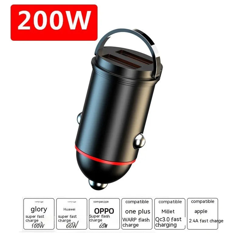 Black 200W car charger with zinc alloy construction measuring 38mm