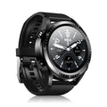 Black smart watch with health monitoring on a silicone strap next to charging cable and earphones