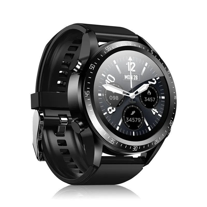 Black smart watch with health monitoring on a silicone strap next to charging cable and earphones