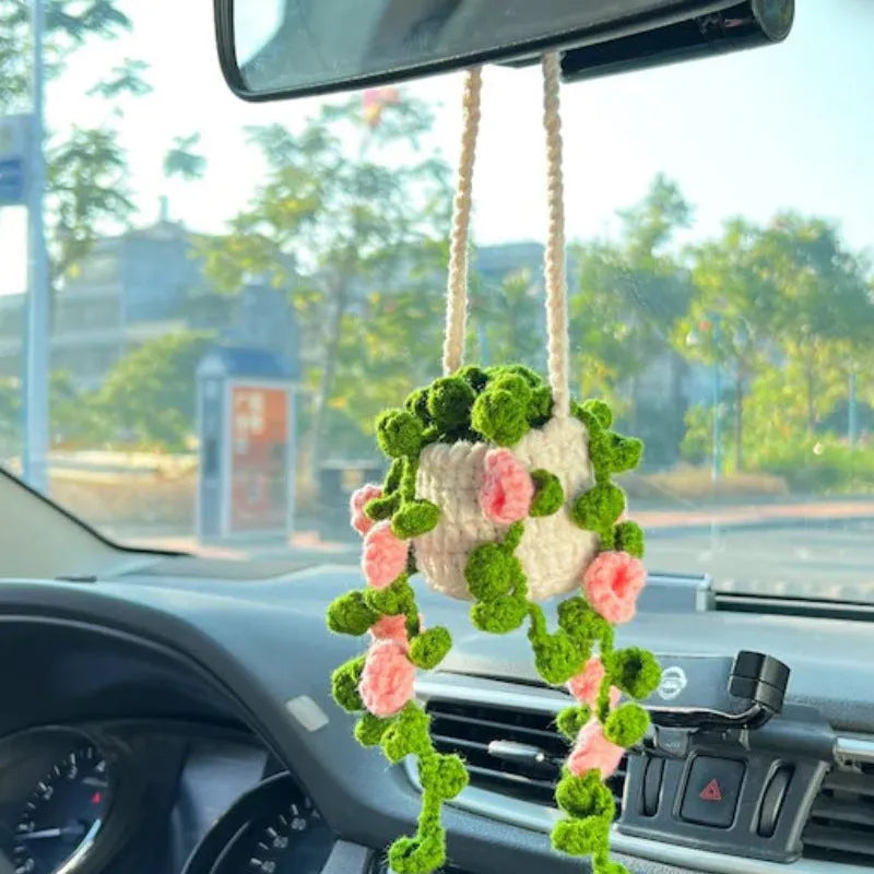 Green and white knitted wool car plant decoration hanging from 25cm white rope