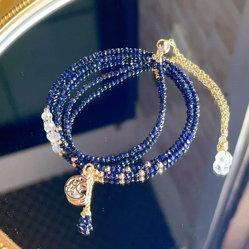 Blue sand stone and gold three-ring bracelet for women with layered construction