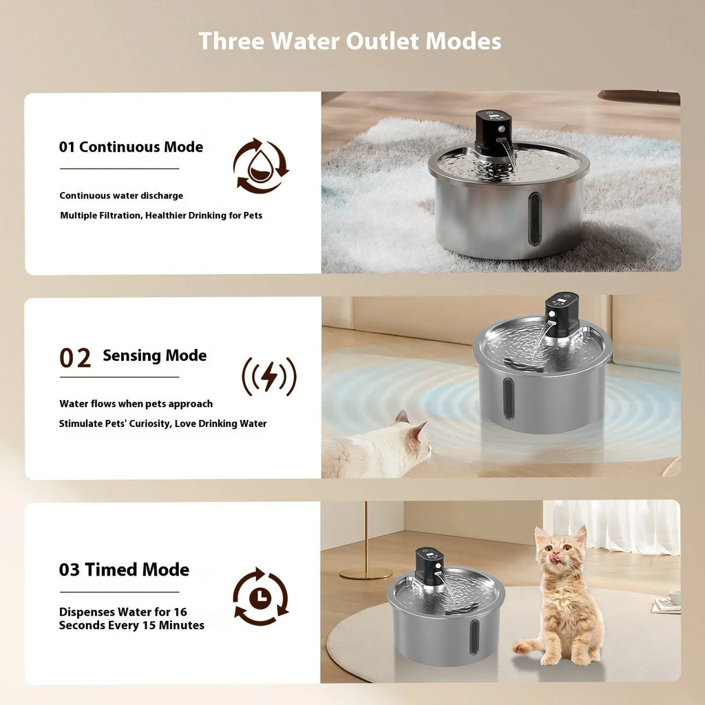 White stainless steel cat water fountain with nine-gear constant temperature heating base for dogs and cats