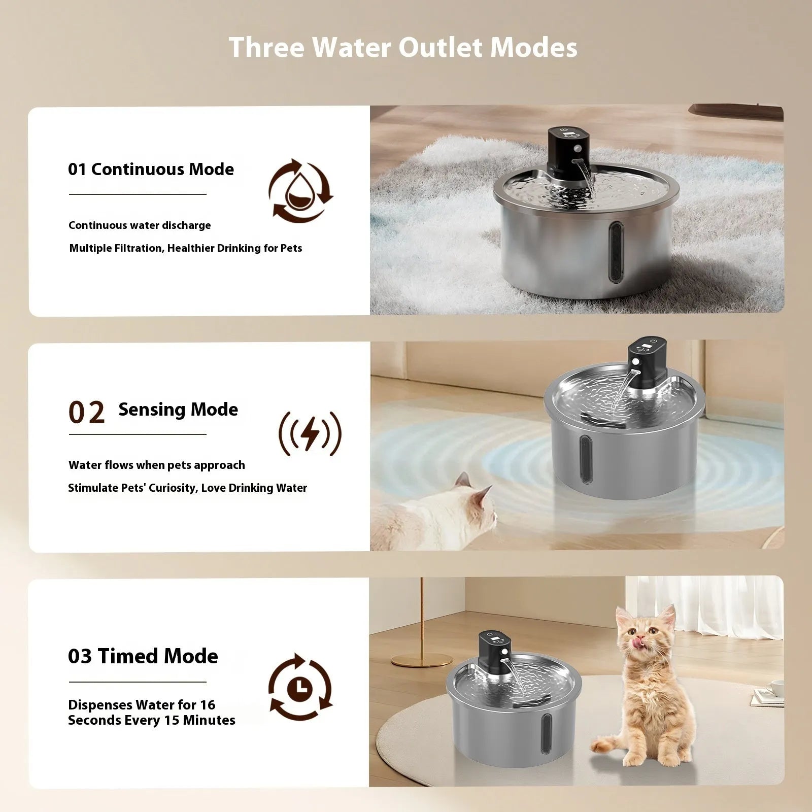 White stainless steel cat water fountain with nine-gear constant temperature heating base for dogs and cats