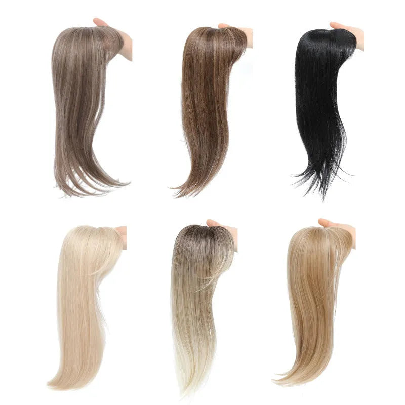 Synthetic wig hairpiece with inner buckle clip for extensions, shown in one of six style colours.