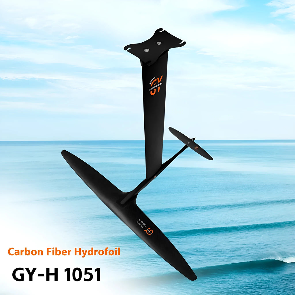 Black carbon fibre racing hydrofoil with 1051mm front wing for surfing