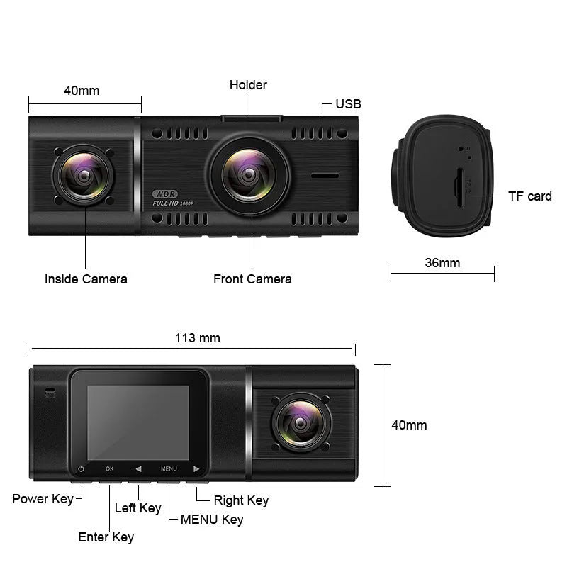 Standard black dashcam for car with front and rear recording, shown with 1.5-inch screen.