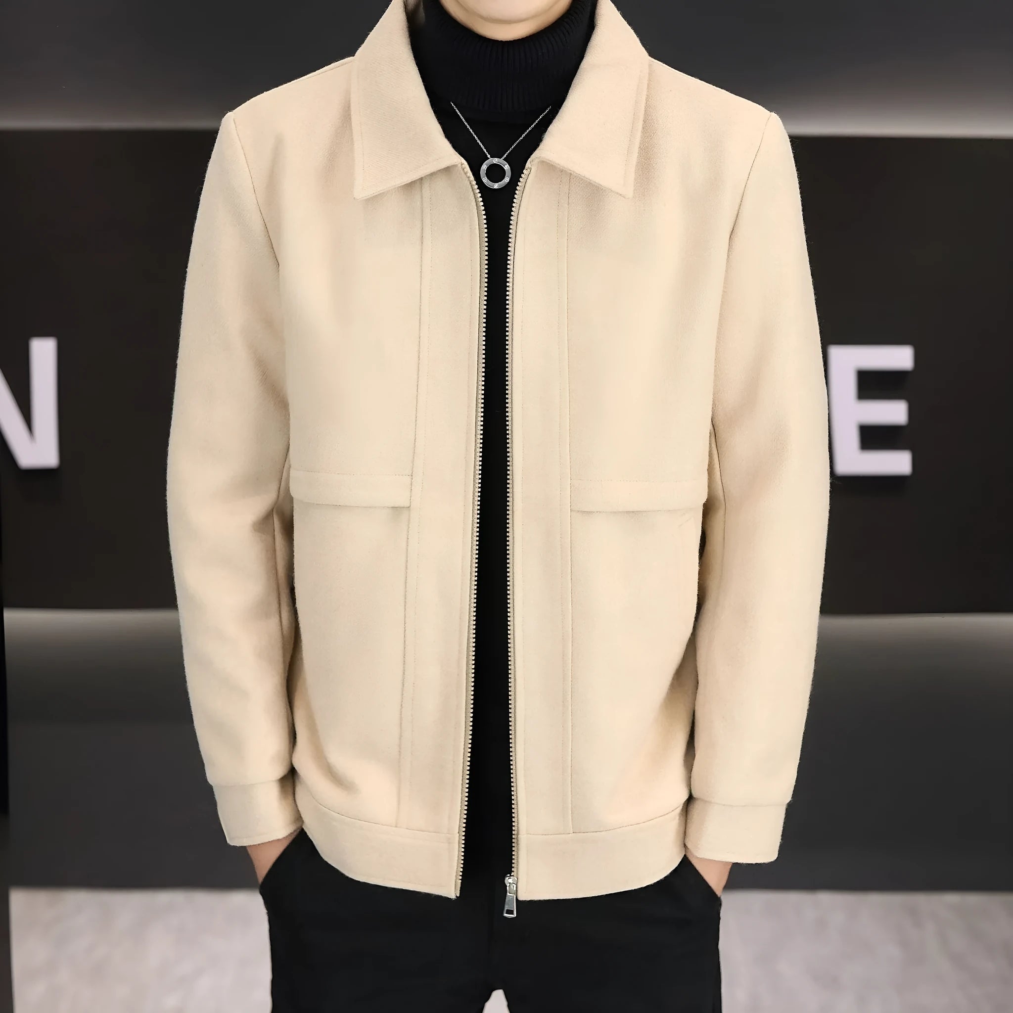 Casual polo collar jacket in cotton blend fabric showing side seam pockets and available in khaki or grey colours