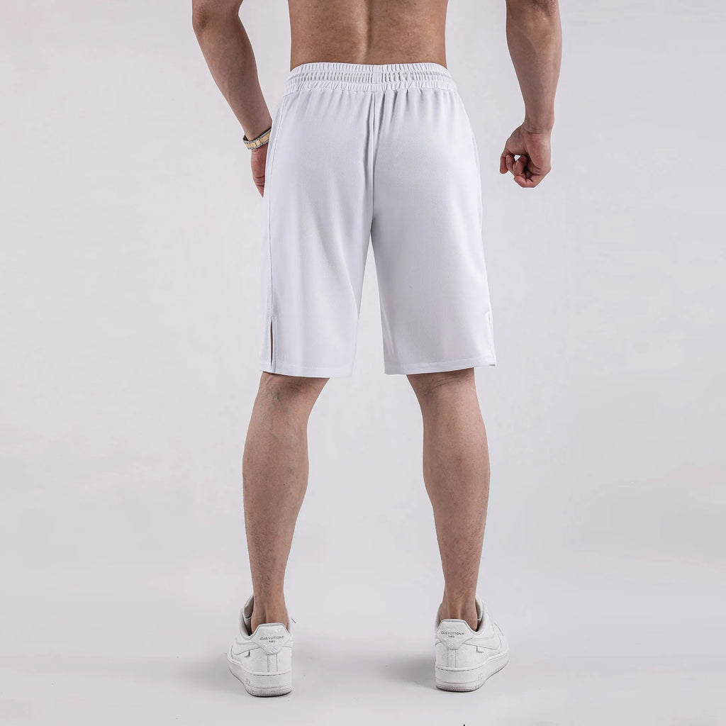 Men's white quick-drying mesh fitness shorts with elastic waistband