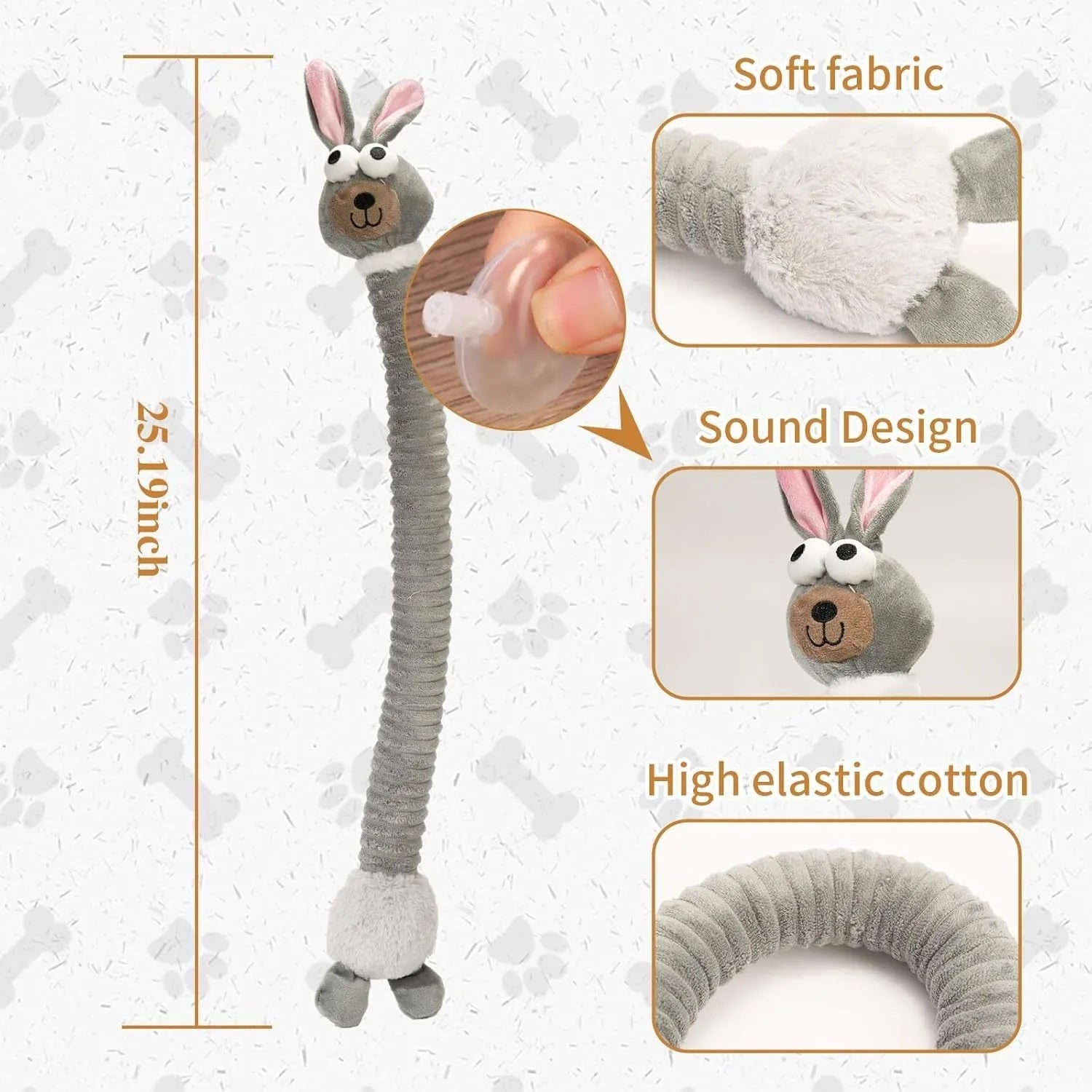 Plush stuffed dog toy with squeaker and crinkle material in brown, grey, or yellow colour
