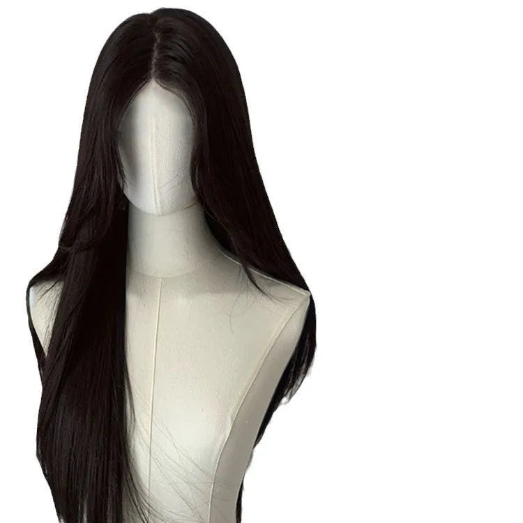 Long straight synthetic wig with side bangs and forehead lace front in dark brown colour.