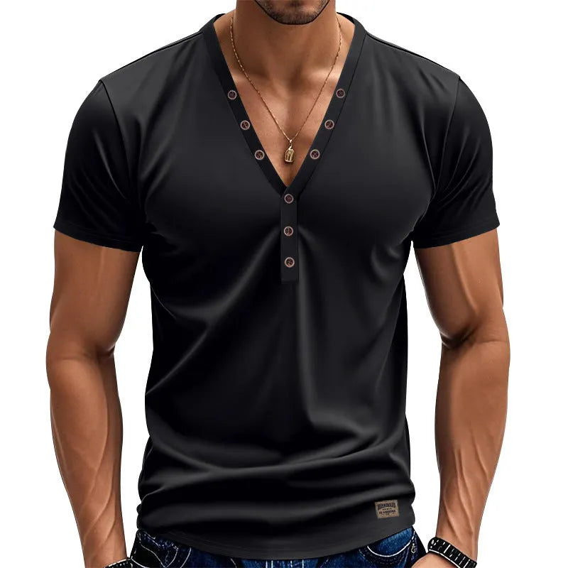 Men's loose V-neck casual shirt with button detail in chemical fibre blend fabric