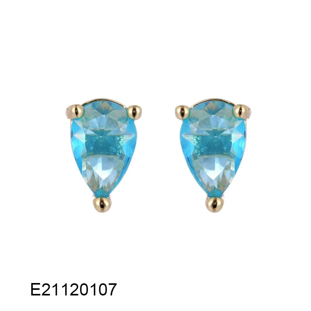 Brass gold-plated drop earrings with candy-colour zircon stones in pear-shaped copper setting