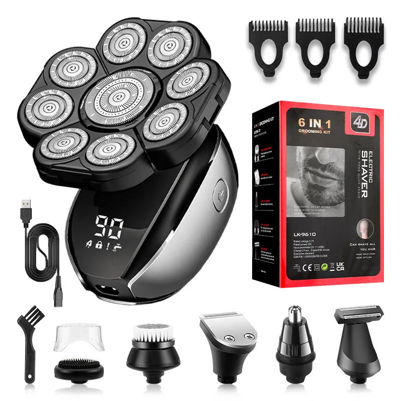 Black rechargeable hair clippers kit with multiple attachments including shaver, nose trimmer, and cleansing brush on a table.