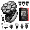 Black rechargeable hair clippers kit with multiple attachments including shaver, nose trimmer, and cleansing brush on a table.