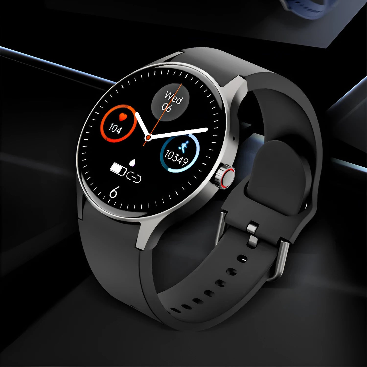Black unisex smart sport watch with a round touchscreen on a wrist.