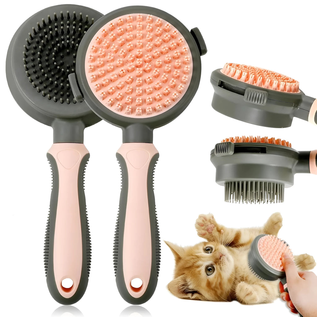 Pink and green double-sided cat brush with release button and attached flea comb