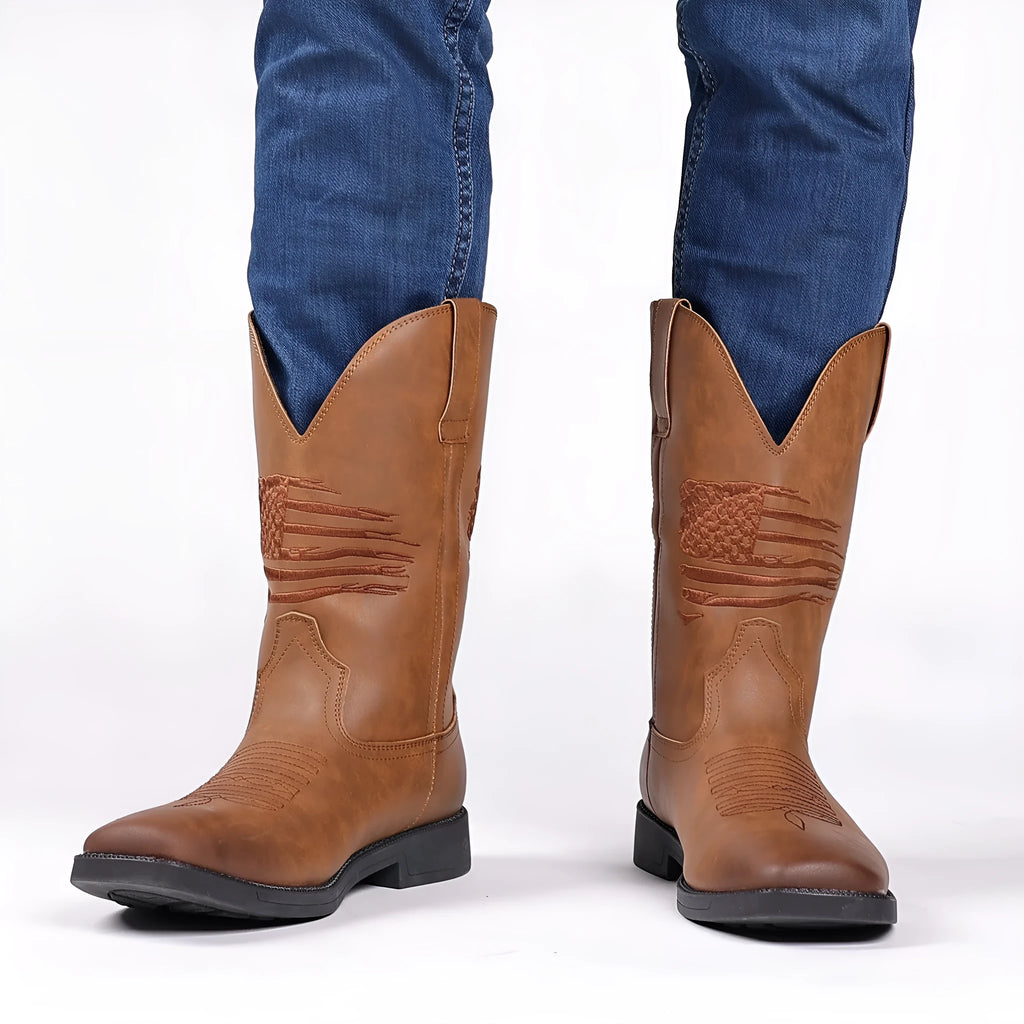 Men's brown retro wide shaft cowboy boots with embroidery, square toe, and low heel.