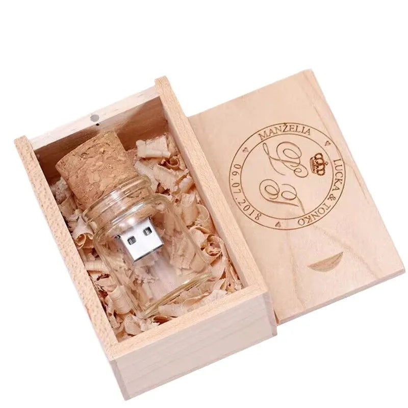 Wooden wish drift bottle USB flash drive in transparent plastic casing showing dimensions