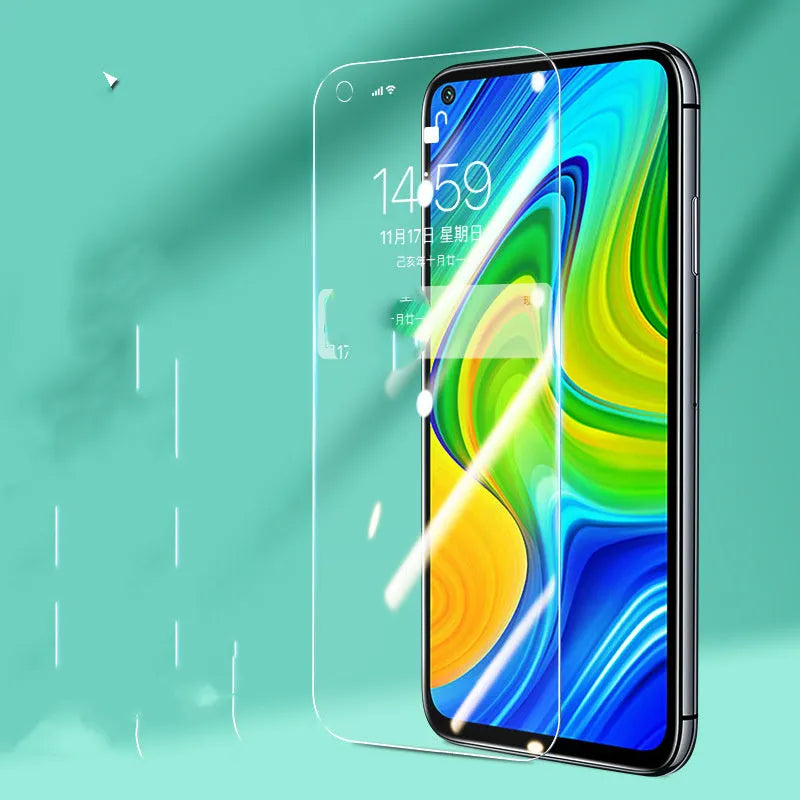 Xiaomi mobile phone tempered glass screen protector showing edge-to-edge coverage on phone display