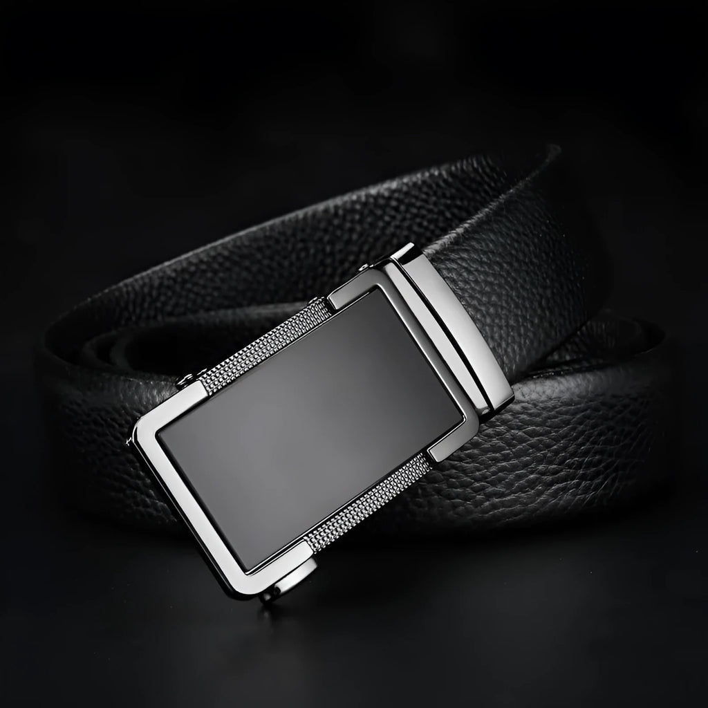 Men's gun black leather belt with an automatic alloy buckle, shown laid flat.