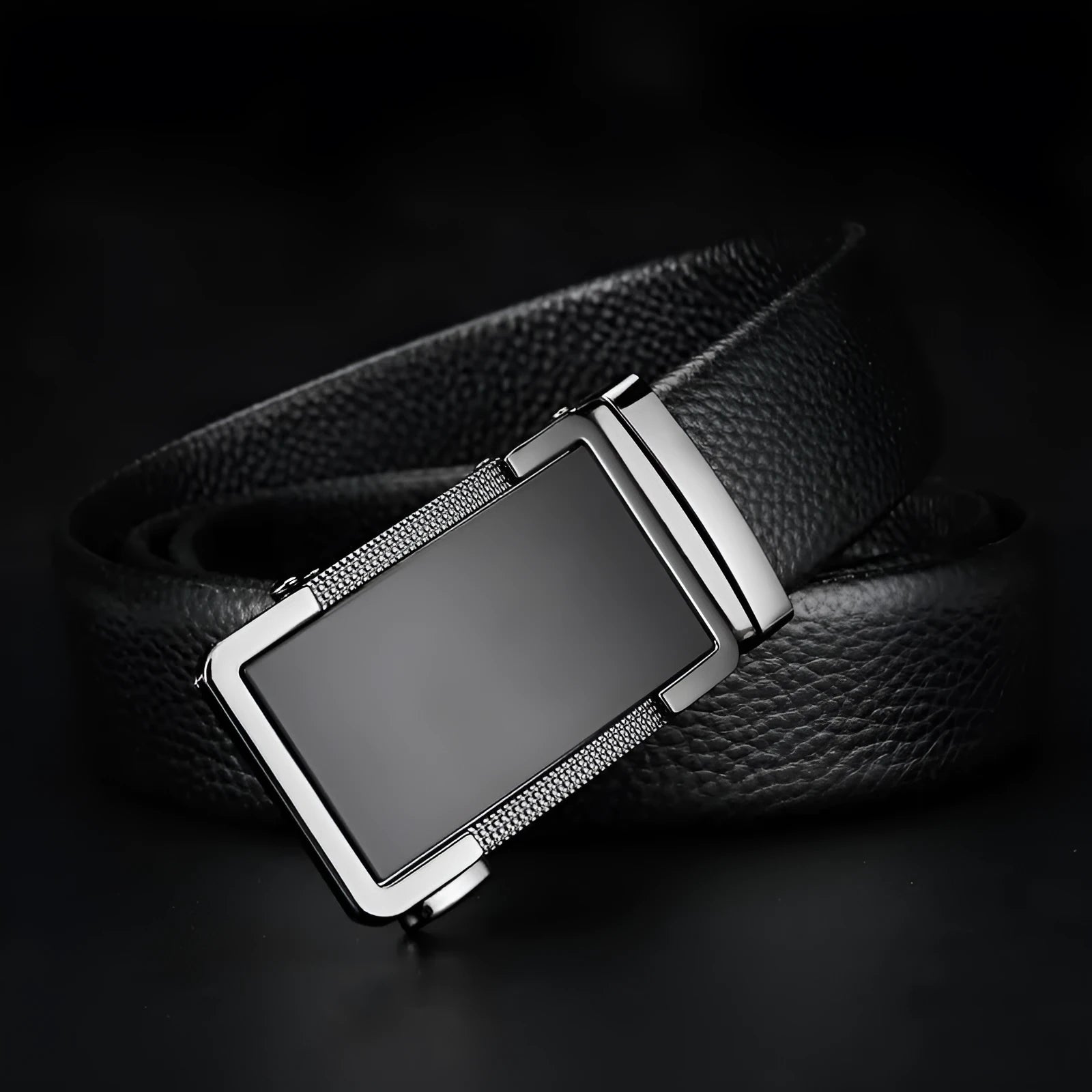 Men's gun black leather belt with an automatic alloy buckle, shown laid flat.