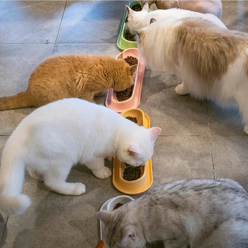 Green, pink, and yellow leakproof pet bowls with anti-slip bases for cats and dogs.