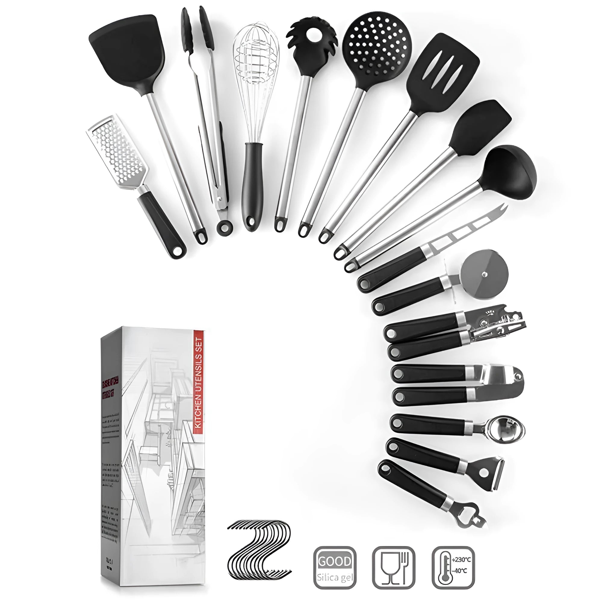 Black silicone spatula and spoon kitchen set with stainless steel handles, 16 pieces