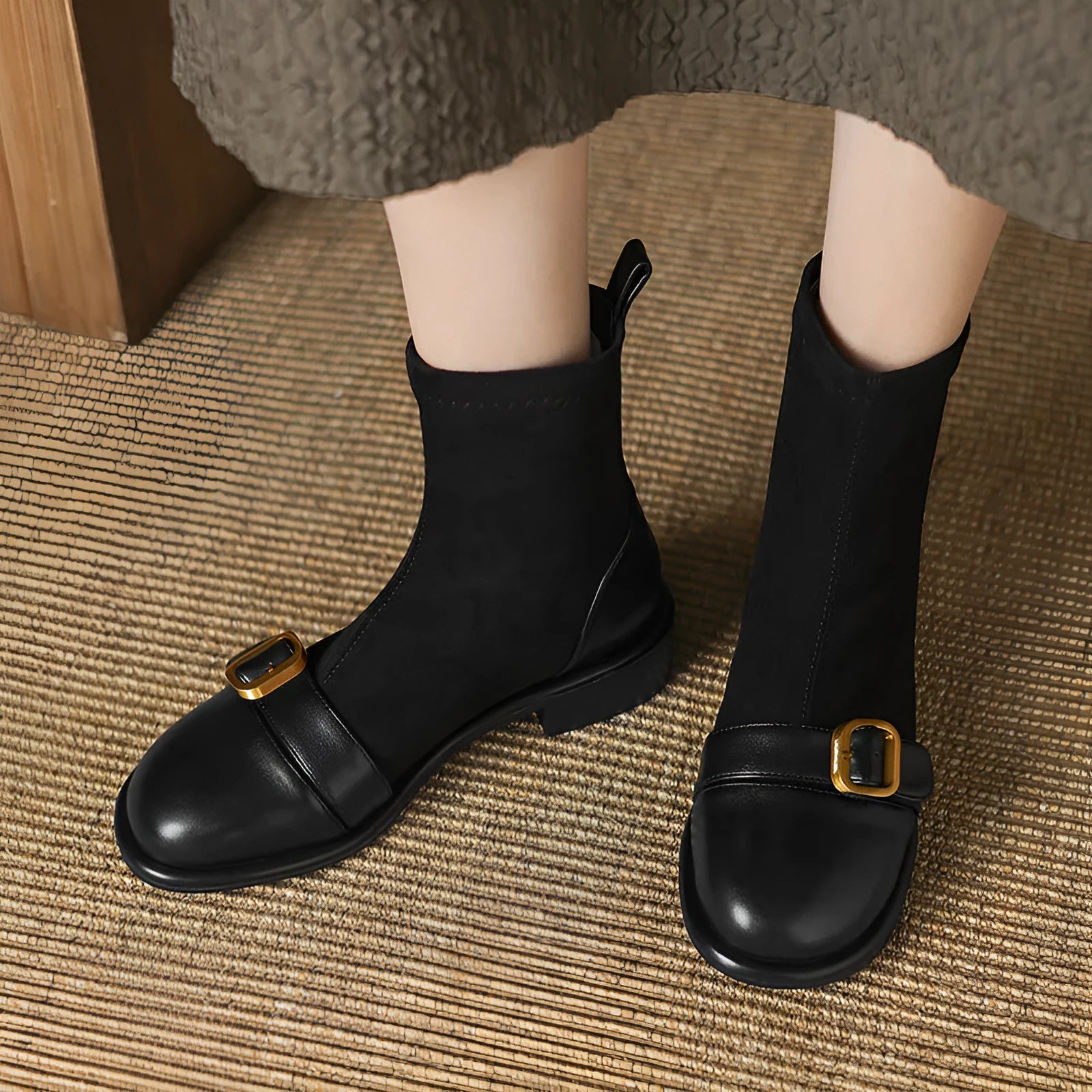 Women's black casual ankle boots with lace-up front and low rubber heel