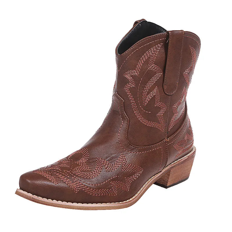 Women's cowboy boots with embroidery decoration and low wedge heel in blue colour