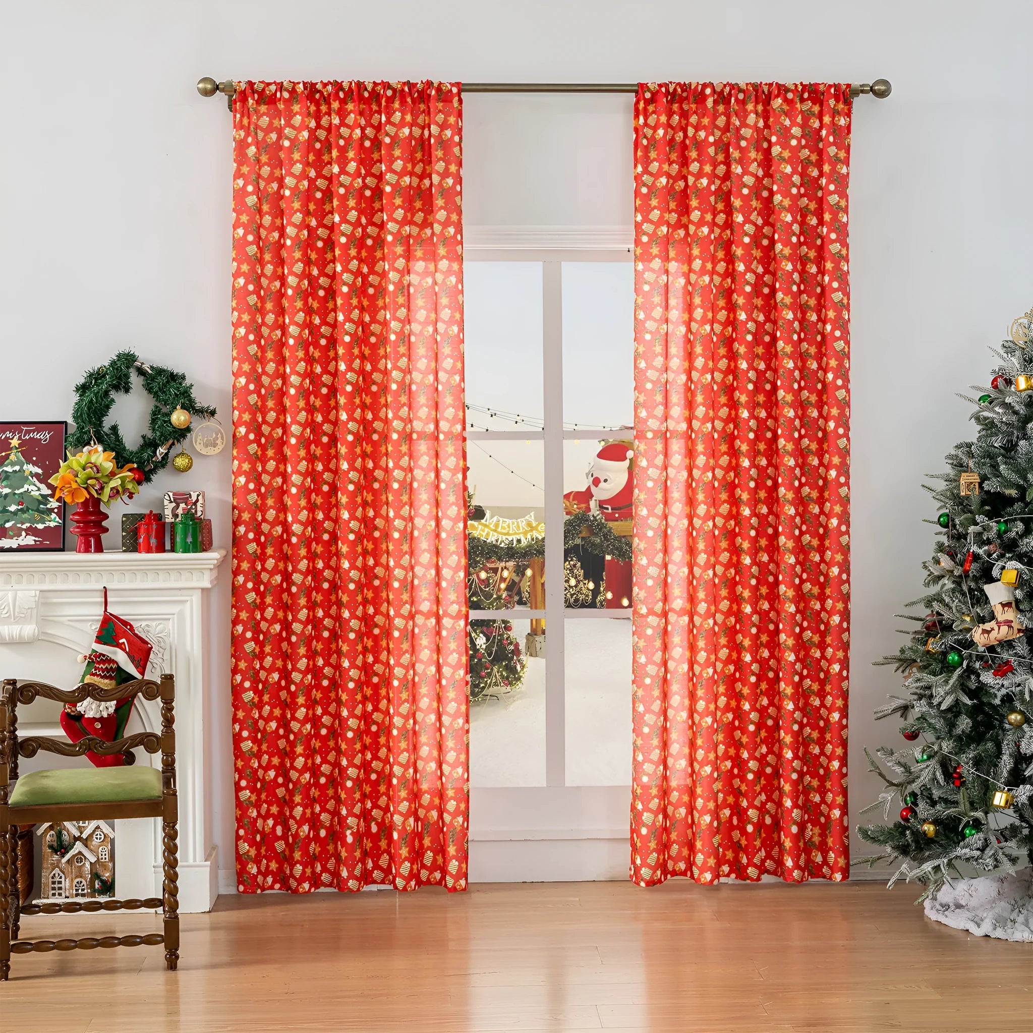 Green cotton Christmas curtain with printed snowman angel cartoon pattern measuring 1 metre length