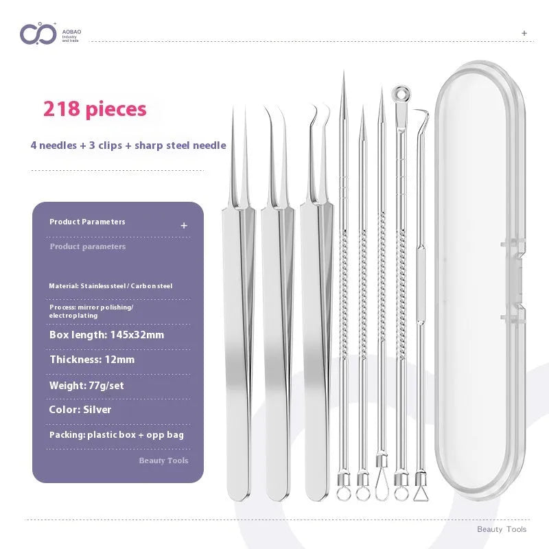 Four silver metal acne needles with fine pointed tips for blackhead removal.