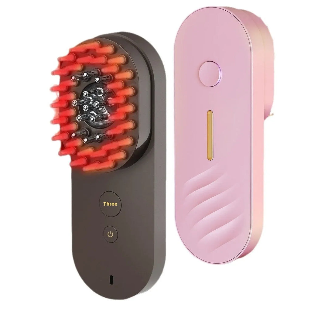 Smart massage comb with red light therapy function in pink and black colours