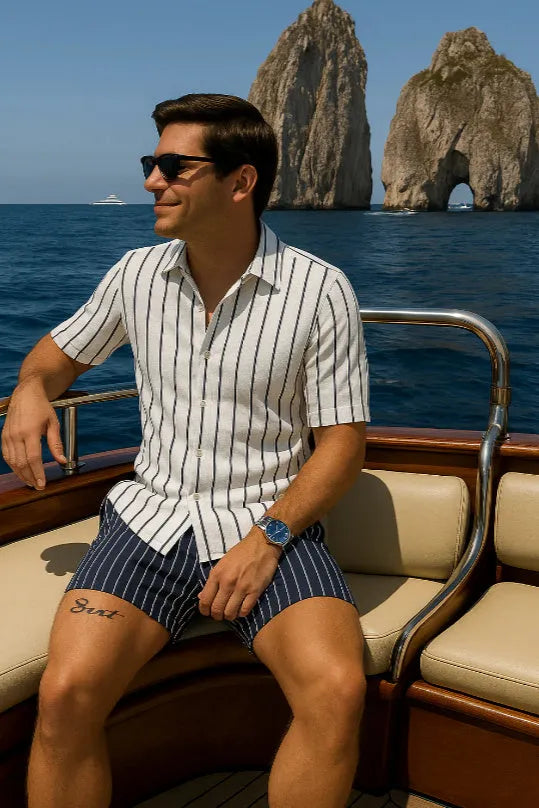 Men's beach shirt and shorts matching set in elastic fabric with casual styling
