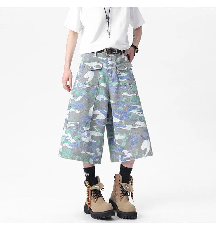 Denim camouflage cropped trousers with straight leg and front pocket workwear design