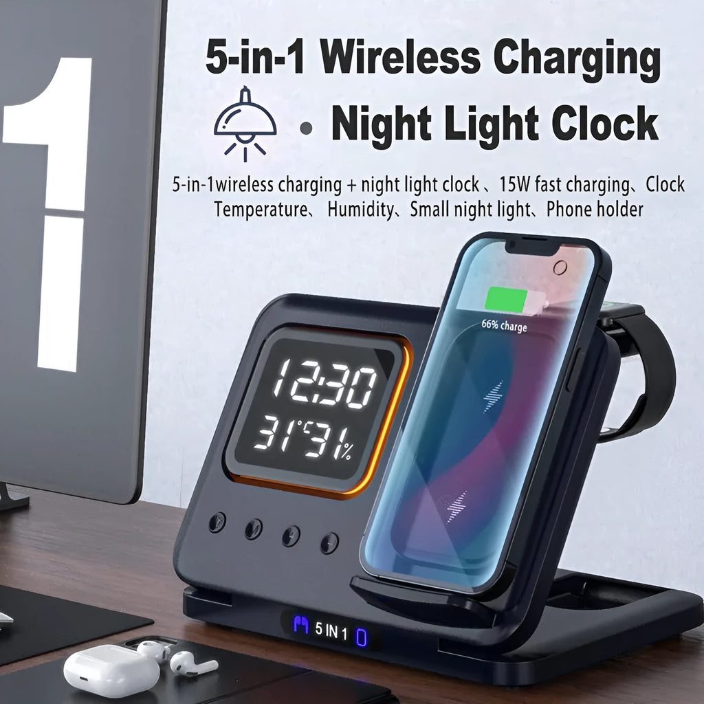 Black wireless charging station with digital clock display showing time and temperature, charging smartphone and smartwatch