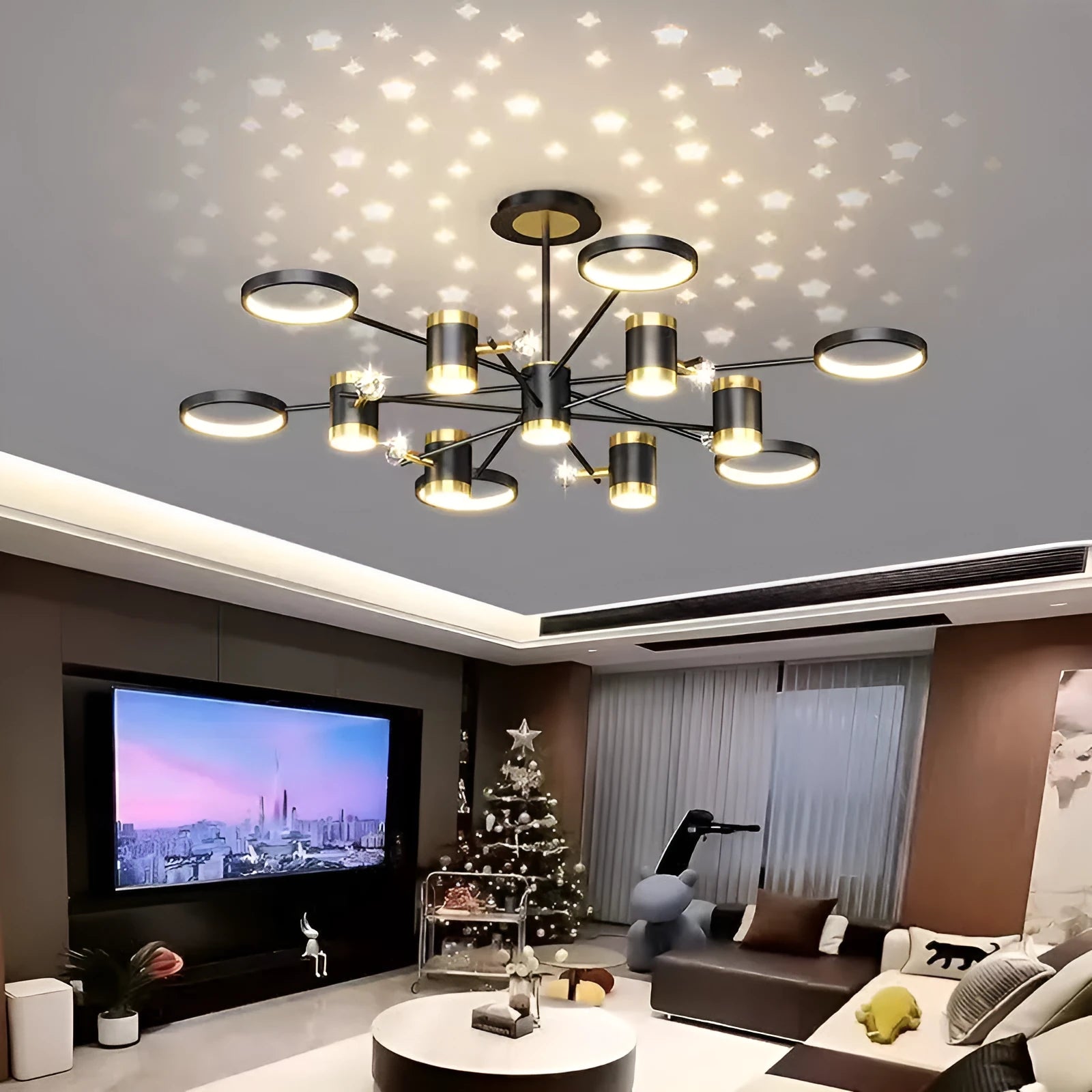 Black iron pendant chandelier with 13 lights in a Nordic star design, featuring a remote control.