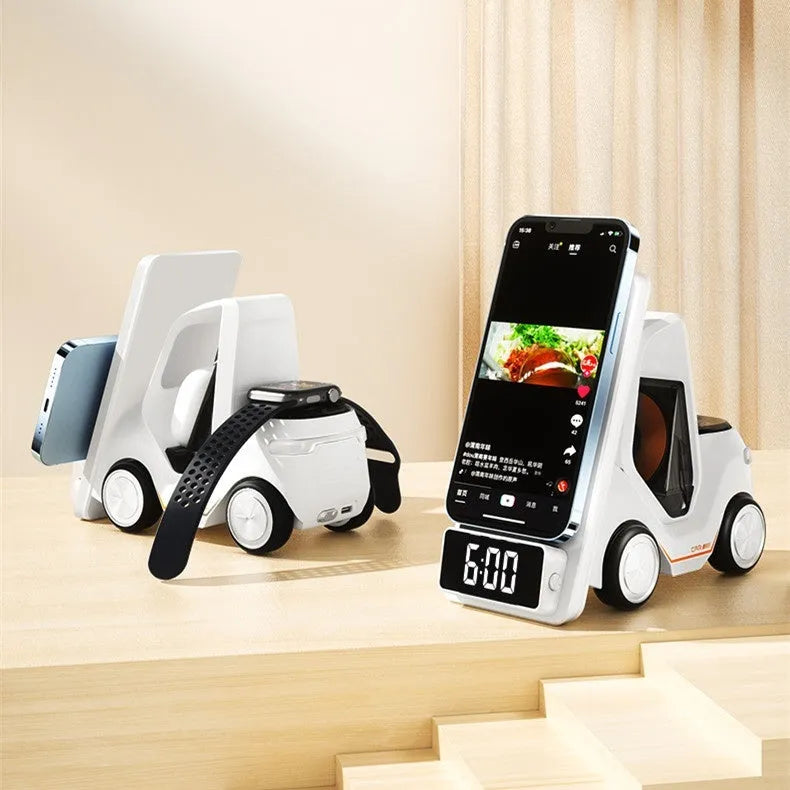 Grey foldable wireless charging bracket holding three smartphones at 45-degree angle