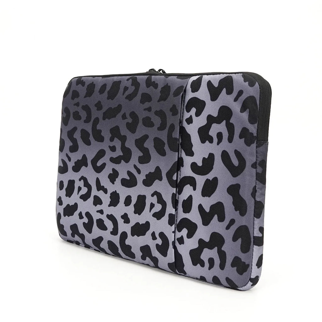 Leopard print laptop sleeve for 13-inch to 16-inch laptops with waterproof polyester and anti-shock protection