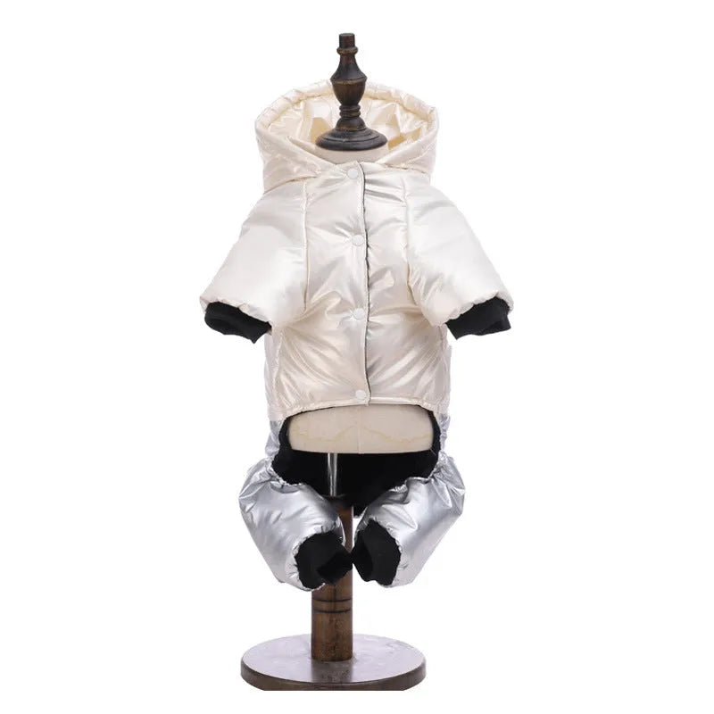 Green waterproof windproof dog winter coat with four-legged design and cotton construction