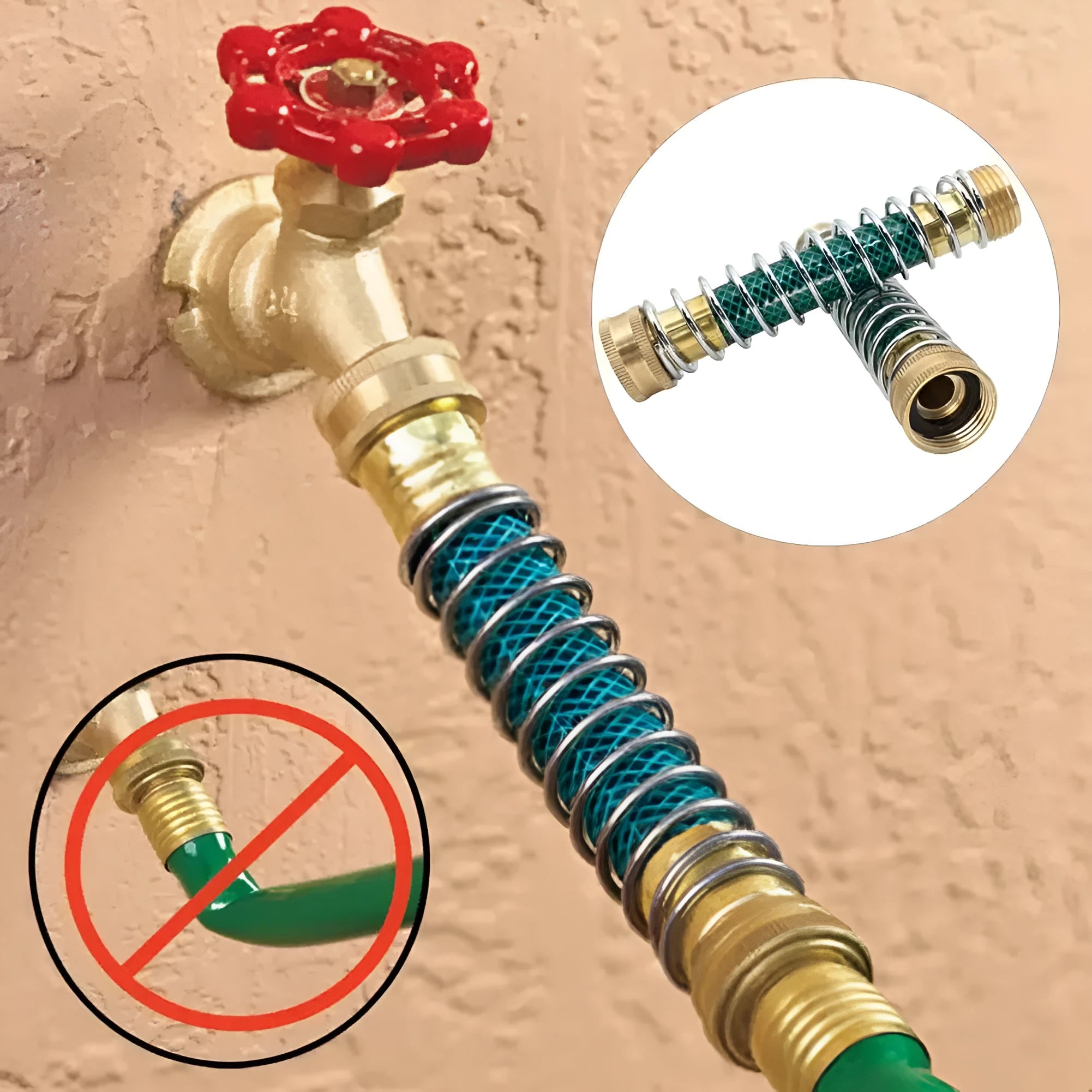 Brass garden hose connector with internal spiral spring, 15cm long with 3/4 inch threaded ends.