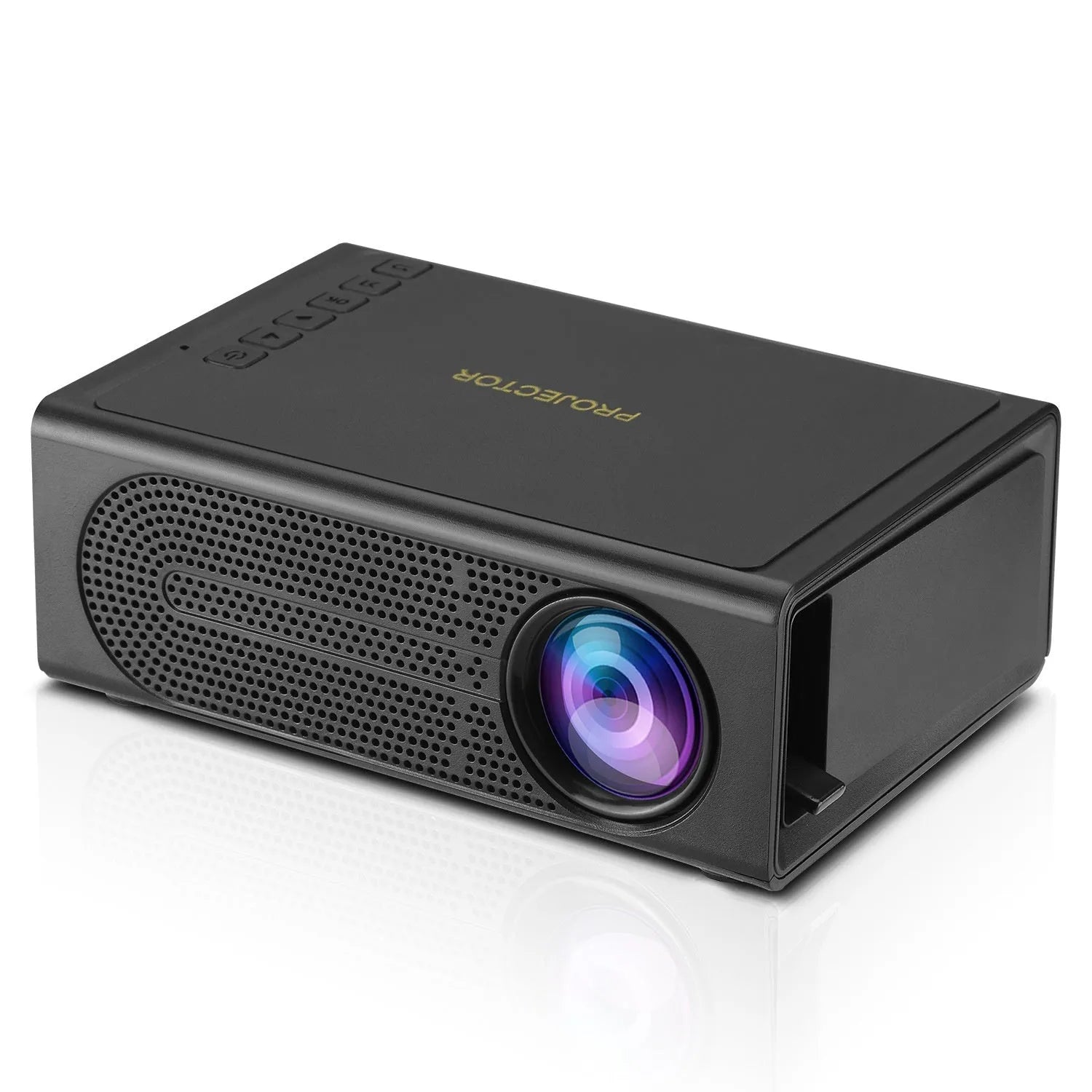 Black portable mini projector with wired mobile connection and power cable