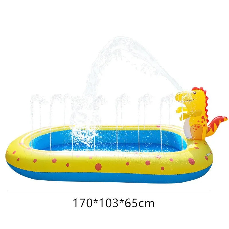 Blue dinosaur and shark inflatable water spray pool for kids outdoor play