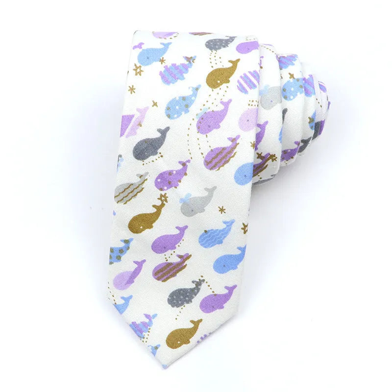 Narrow Korean-style cotton bow tie featuring a colourful cartoon print pattern.