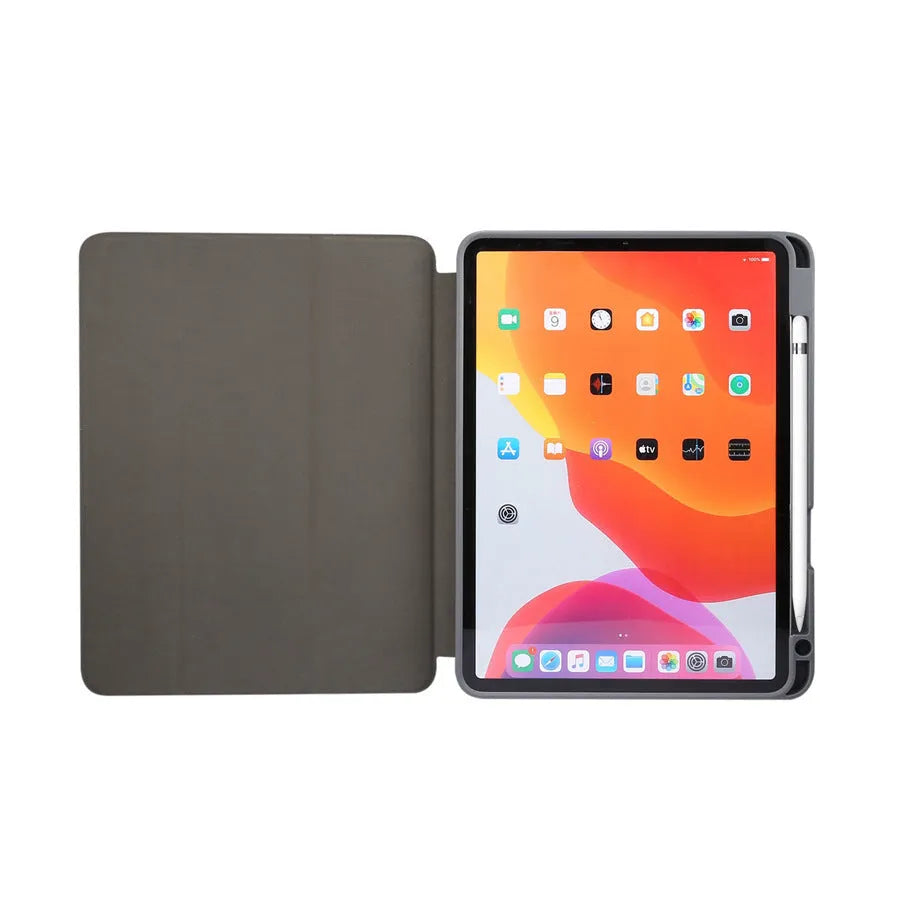 iPad tri-fold marbling imitation leather case with pen slot and card holder in multiple colours.