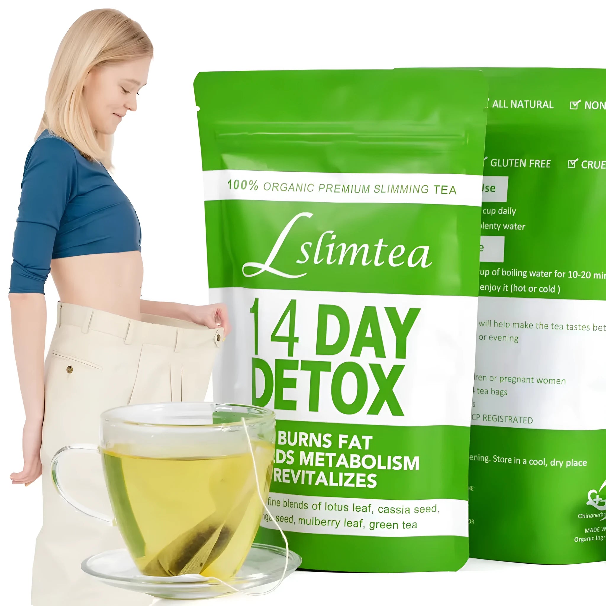 Box of 14-day herbal detox tea containing 14 individual sachets, net weight 42g.
