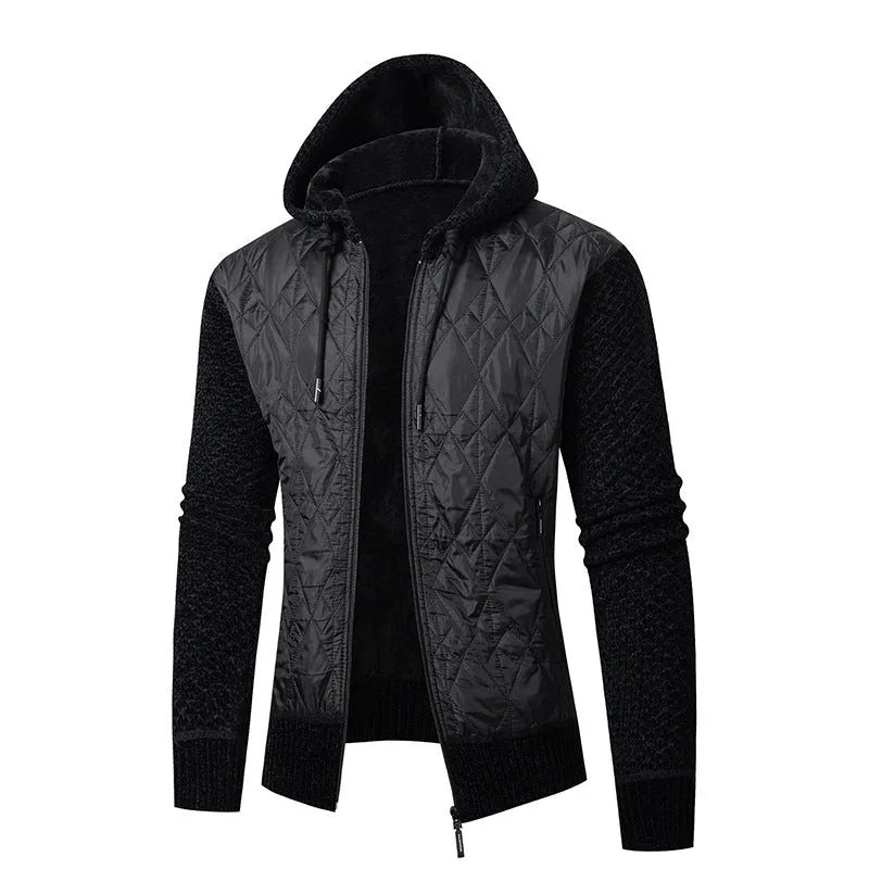 Men's grey hooded sweater coat with corduroy texture and cinched waist design