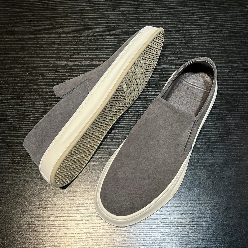Men's grey and apricot casual shoes with round toe design and rubber sole